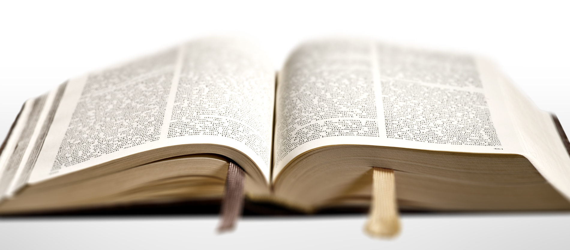 Eine offene Bibel mit zwei Lesebändchen liegt aus.