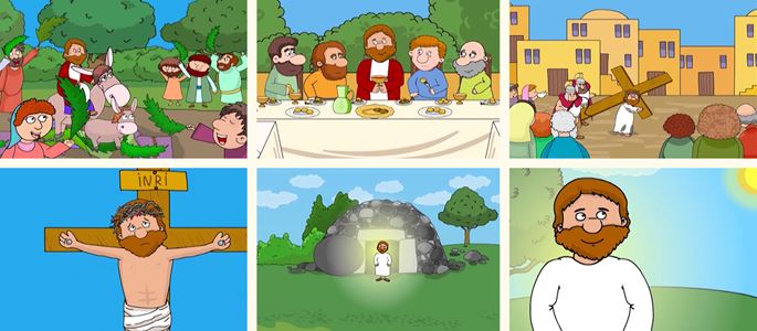 Komposition aus neun Comic-Bildern zu Karwoche und Ostern